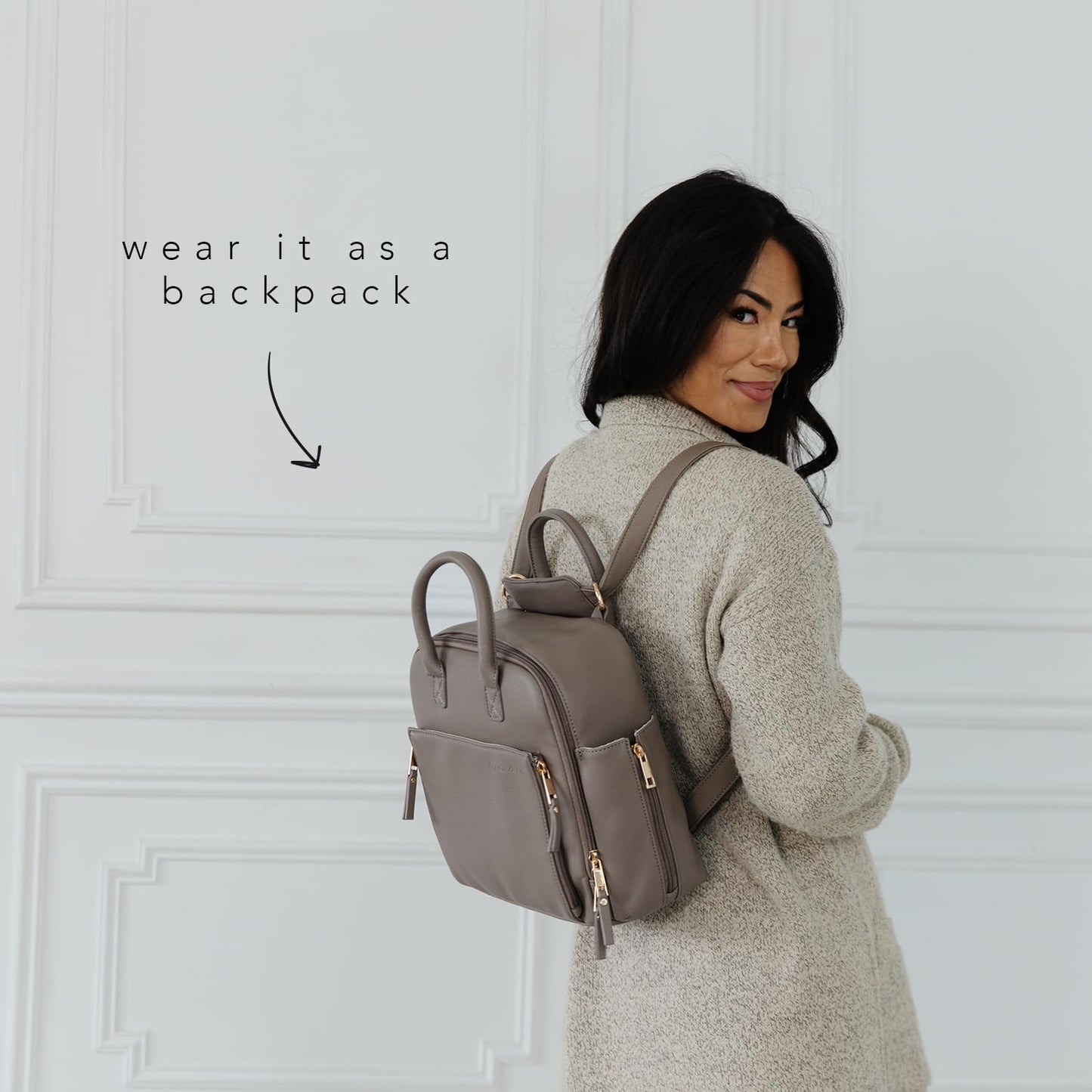 Ayla & Co Mini Bag, Transitional Minimal Diaper Bag, Vegan Leather, with Expandable Pockets, Built-In Wallet, Organizer, Magnetic Front Pocket, Adjustable Straps, Caffe