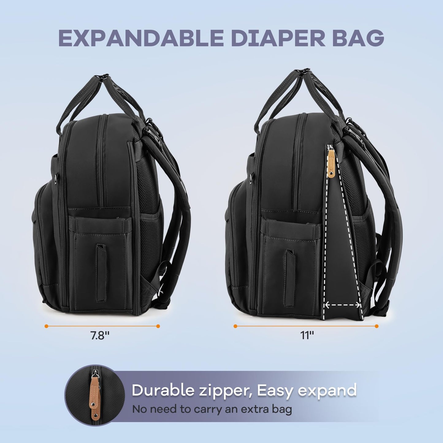 RUVALINO Diaper Bag Backpack-Expandable Baby Bag with up to 50% Capacity -Baby Essentials Bag with Changing Pad Insulated Bottle Holders & Pacifier Case, Waterproof, Black XL