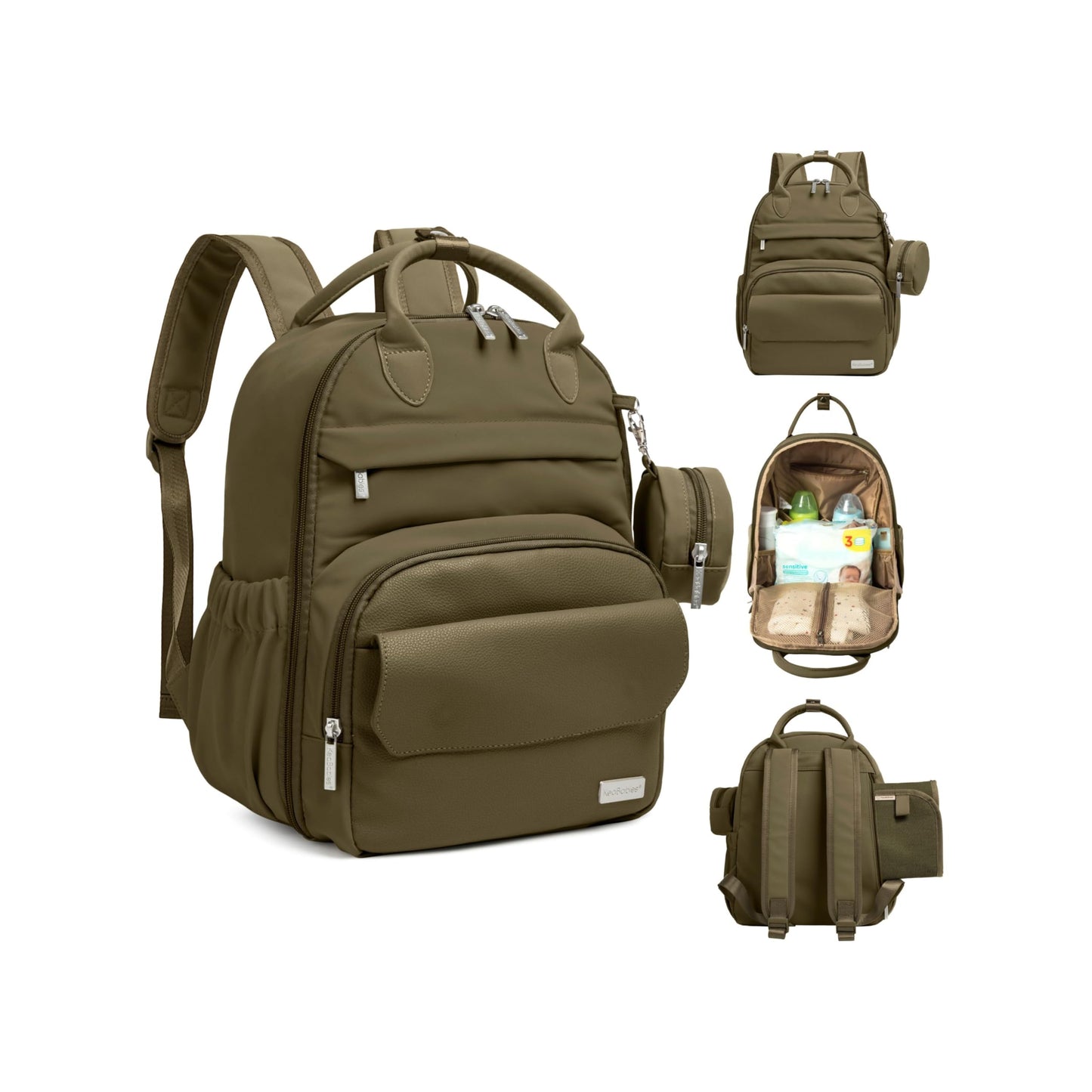 KeaBabies Diaper Bag Backpack - Small Multifunctional Travel Diaper Back Packs, Maternity Baby Changing Bags, 12L Capacity, PU Leather, Waterproof, Unisex, Nappy Changing Pad (Dark Olive, Small)