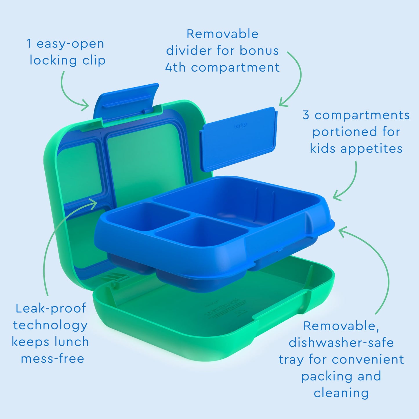 Bentgo Pop - Leak-Proof Lunch Box & Removable Divider for Ages 8+ & Teens - Lunch Container Holds 5 Cups of Food; 3-4 Compartments; Microwave/Dishwasher Safe; 2 Year Warranty (Spring Green/Blue)