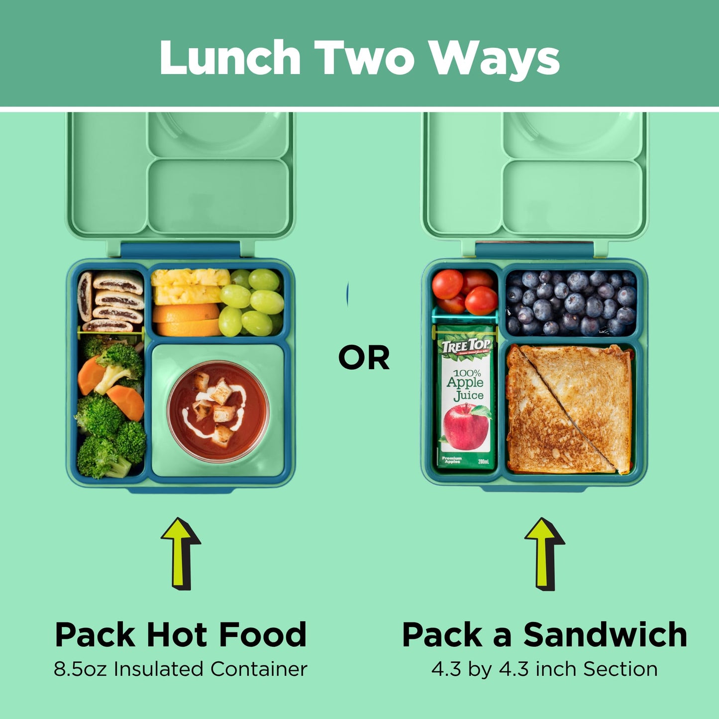 OmieBox Bento Box for Kids - Insulated Bento Lunch Box with Leak Proof Thermos Food Jar - 3 Compartments, Two Temperature Zones - (Meadow)
