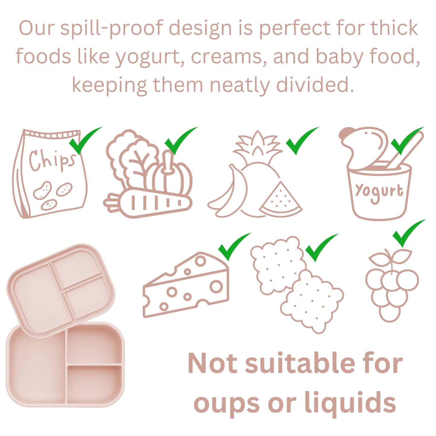 Ali+Oli Silicone Bento Box (Blush) Lunch Box for Kids, Toddlers, Preschoolers & Adults | BPA-Free and Spill-Proof | Ideal for School, and On-the-Go Meals| Perfect for Lunch, Snacks, and Meals