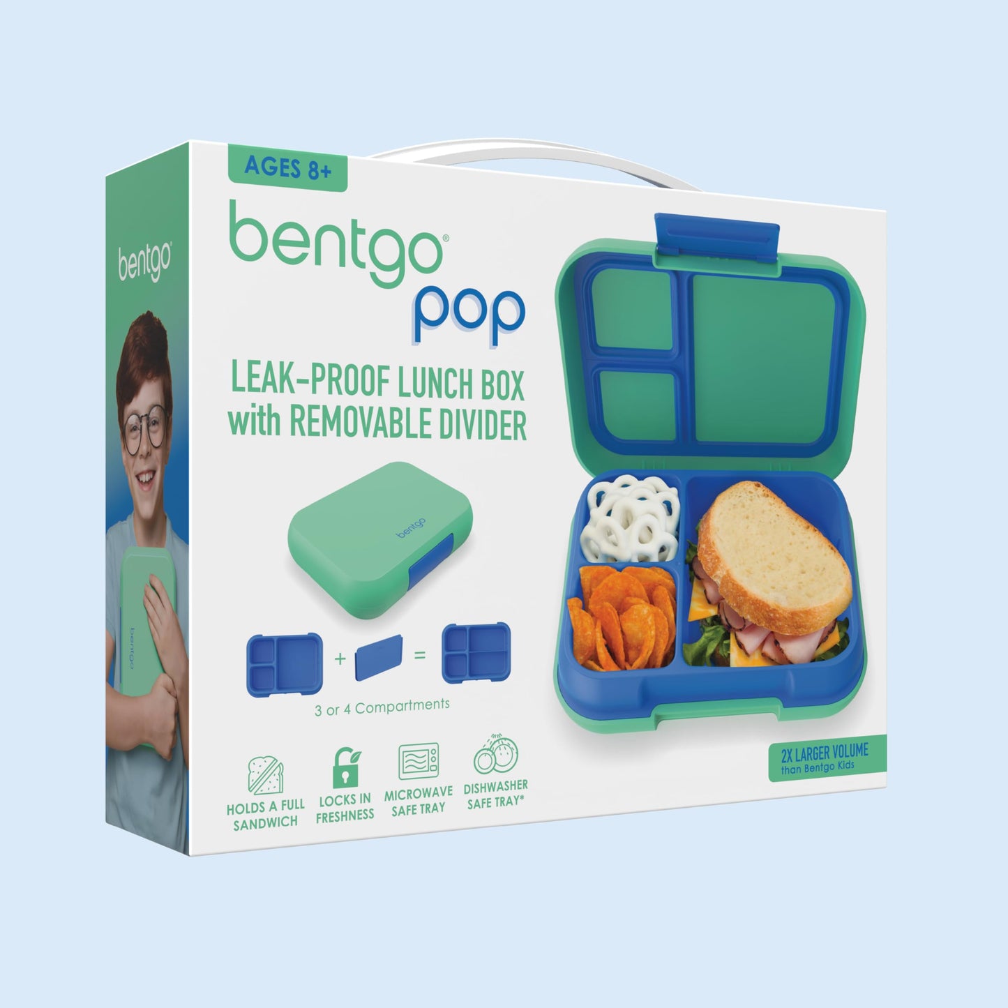 Bentgo Pop - Leak-Proof Lunch Box & Removable Divider for Ages 8+ & Teens - Lunch Container Holds 5 Cups of Food; 3-4 Compartments; Microwave/Dishwasher Safe; 2 Year Warranty (Spring Green/Blue)