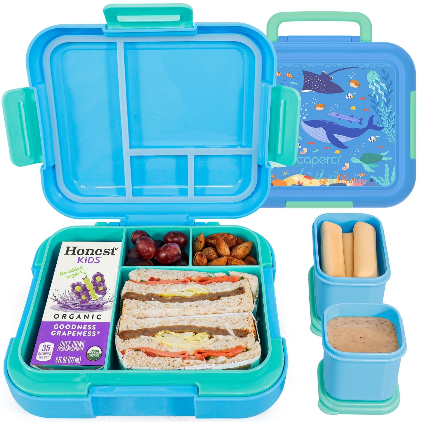 Caperci Bento Box for Kids - Leak-Proof Toddler Lunch Box Container with 2 Modular Containers & 4 Compartments, Hold 4.8 Cups, Portable Handle, BPA-Free, Microwave/Dishwasher Safe (Sea Life)