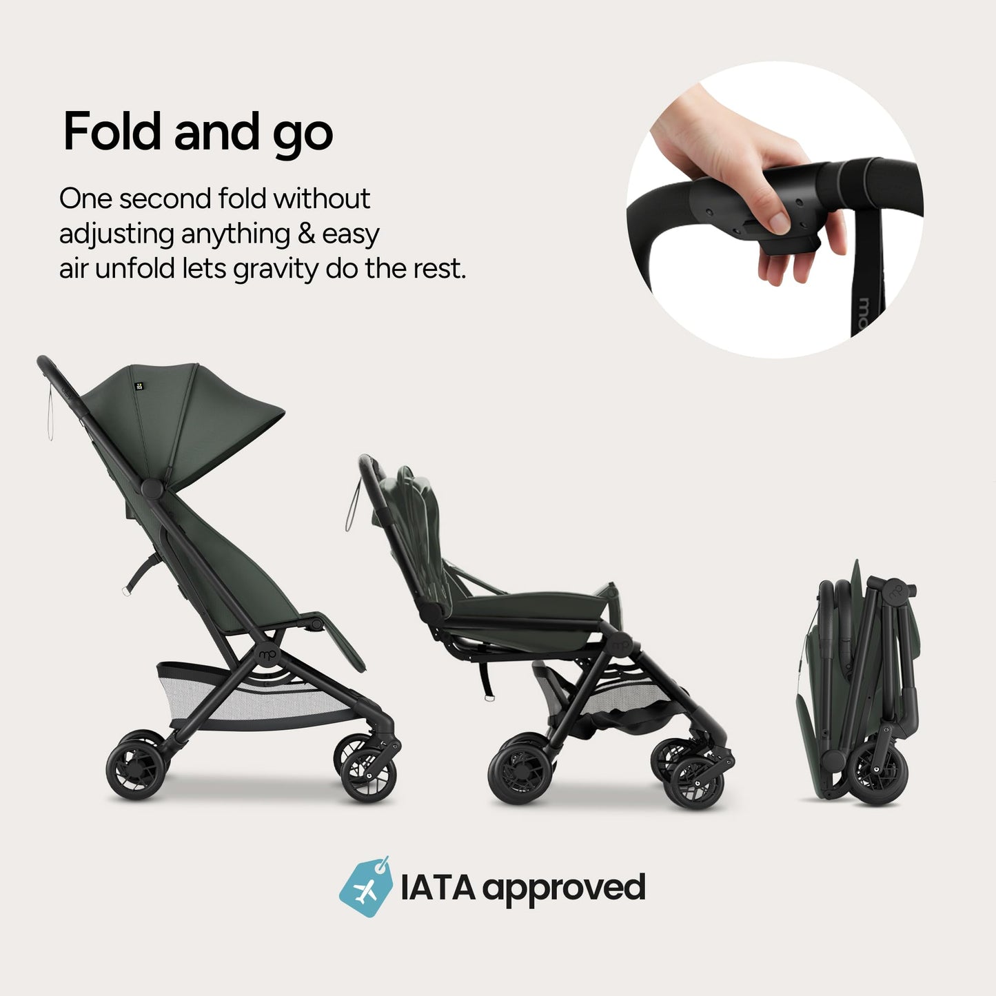 Mompush Velo Lightweight Travel Stroller, Compact & Airplane-Friendly for Baby and Toddler, Lie-Flat Seat, One-Hand Fold, with Leather Bumper Bar, Shoulder Strap, Raincover, Storage Bag & Cup Holder