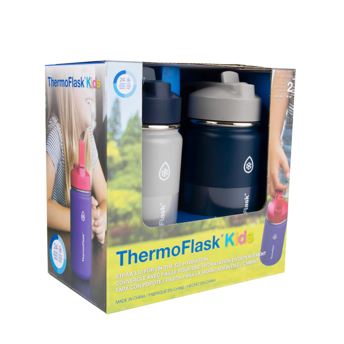 ThermoFlask Kids 14 oz Insulated Water Bottles with Straw Lid BPA-Free Stainless Steel Leakproof & Spill-Proof Design Easy Clean Wide Mouth 2-Pack for School, Sports, Playdates, Harbor Grey/Denim
