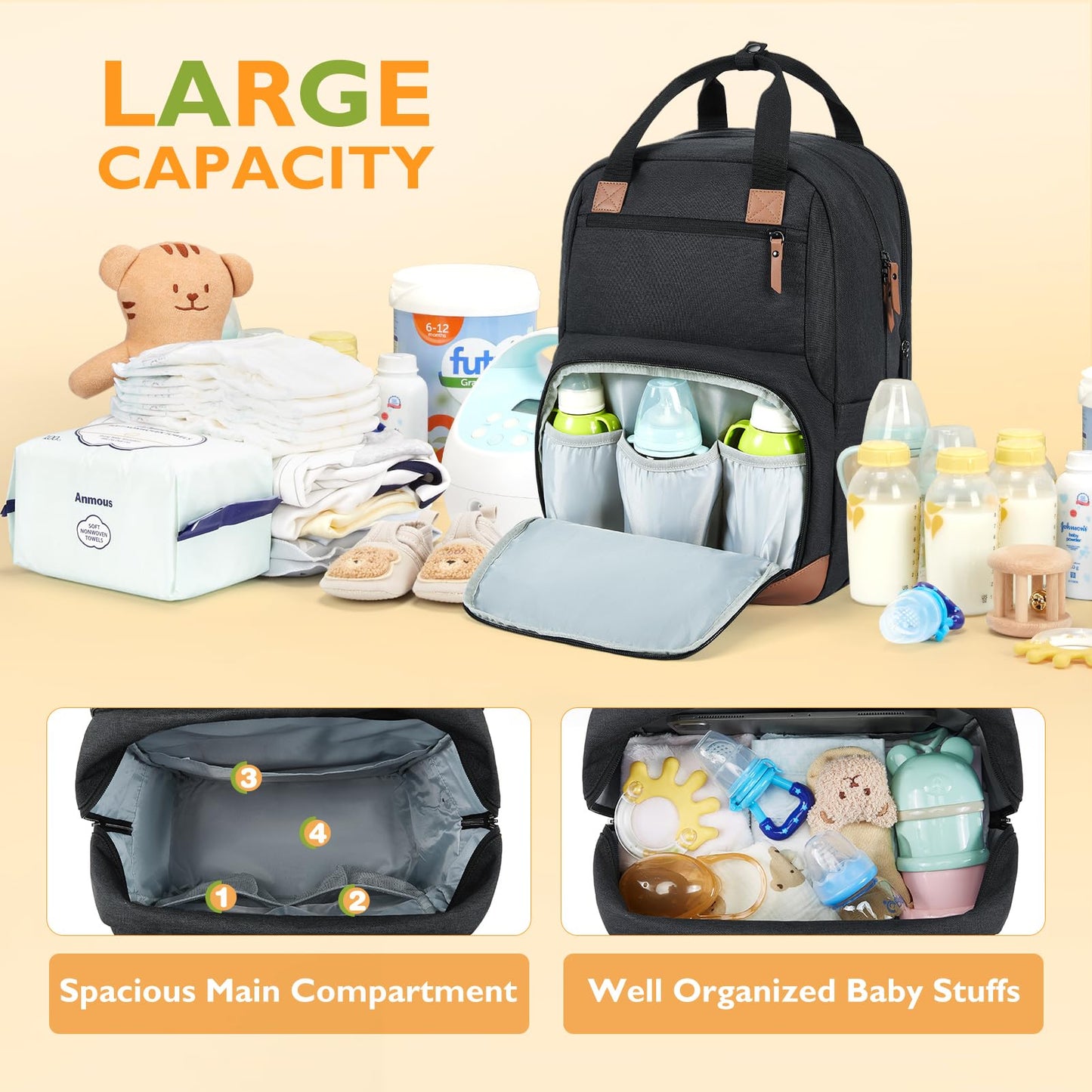 mommore Diaper Bag Backpack Large Travel Diaper Bags Unisex Baby Bag with Changing Pad, Stroller Straps