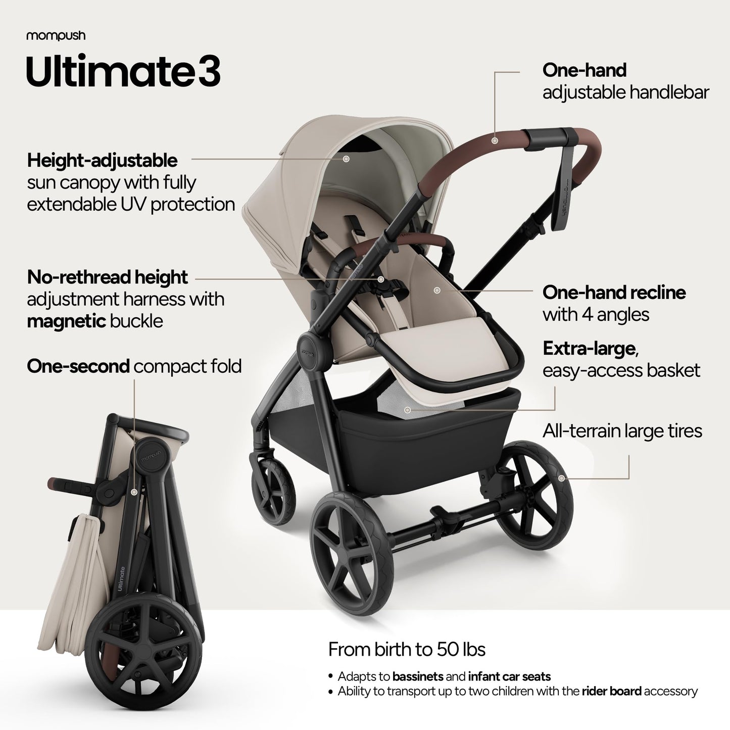 Mompush Ultimate 3 Full Size Stroller for Infant to Toddler - All-Terrain PU Tires with Full Suspension, Reversible Extendable Seat, Adjustable Handle, One-Second Fold, Car Seat Compatible