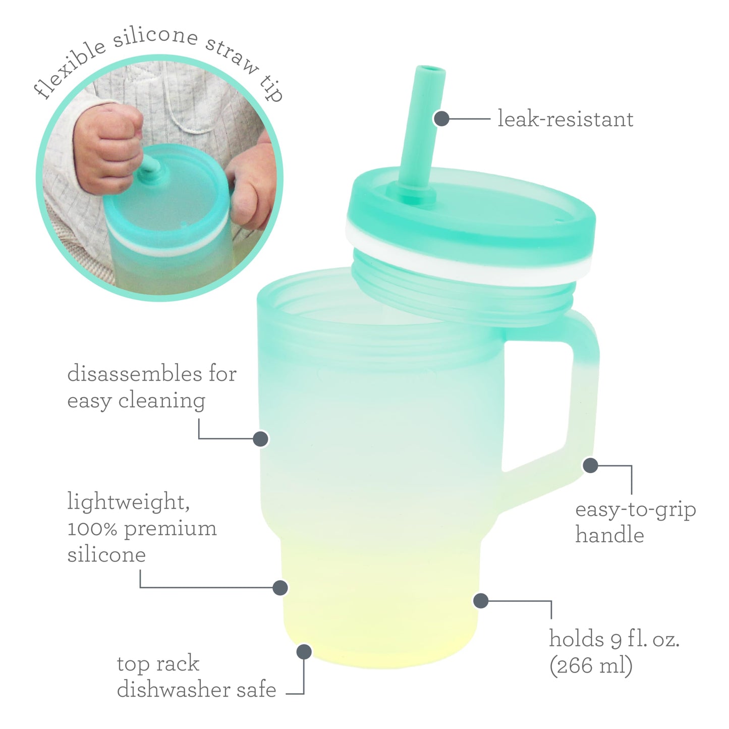 Infantino My 1st Tumbler, 9 Oz. Silicone Sippy Cup with Straw & Handle, Spill-Resistant Baby Cup for On-the-Go, BPA-Free Transition Bottle, Lime Light