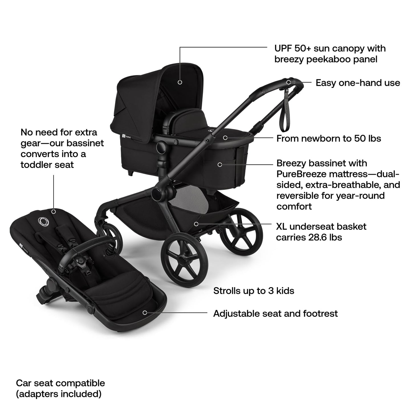 Bugaboo Kangaroo All-Terrain Single-to-Double Tandem Stroller for Infant and Toddler, for Up to Three Kids, XL Wheels, One-Hand Operation, Large Bassinet, XL Underseat Storage, Black/Midnight Black