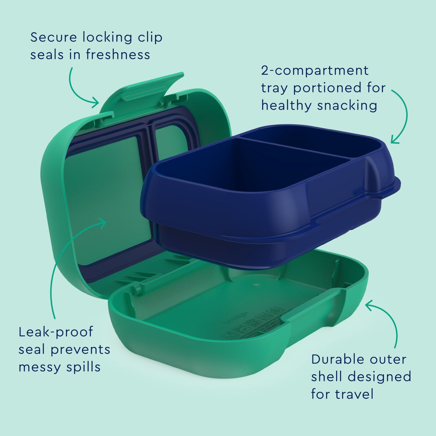 Bentgo Kids Snack - 2 Compartment Leak-Proof Bento Box Container for Snacks and Small Meals, Easy-Open Latch, Dishwasher Safe, BPA-Free for School, Daycare, & Sports - Ideal for Ages 3+ (Green/Navy)