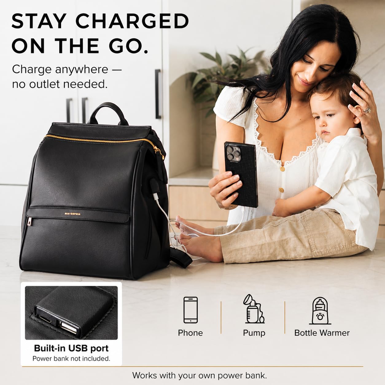 MIA + SOPHIA Leather Diaper Bag Backpack with USB Charging port, Changing Pad, Stroller Straps, and Bottle Holder (Black Sophia)