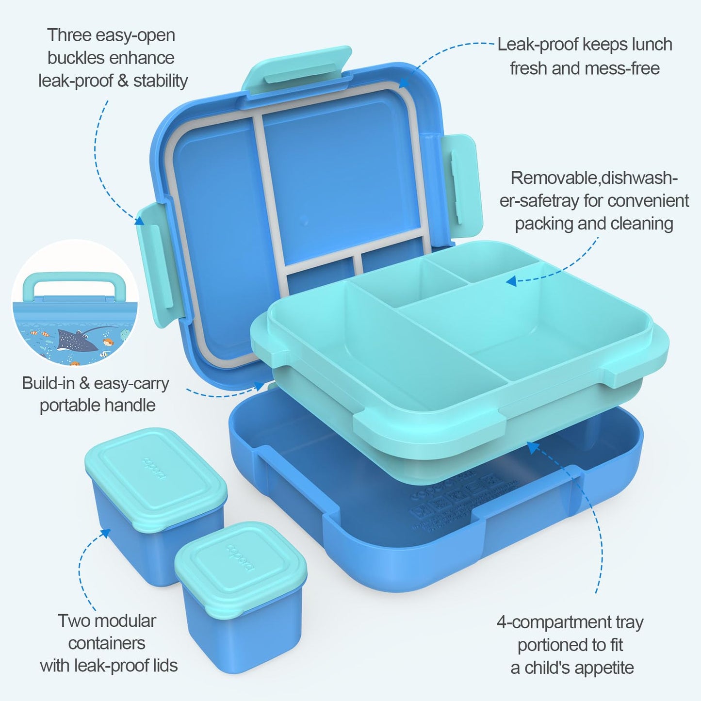 Caperci Bento Box for Kids - Leak-Proof Toddler Lunch Box Container with 2 Modular Containers & 4 Compartments, Hold 4.8 Cups, Portable Handle, BPA-Free, Microwave/Dishwasher Safe (Sea Life)