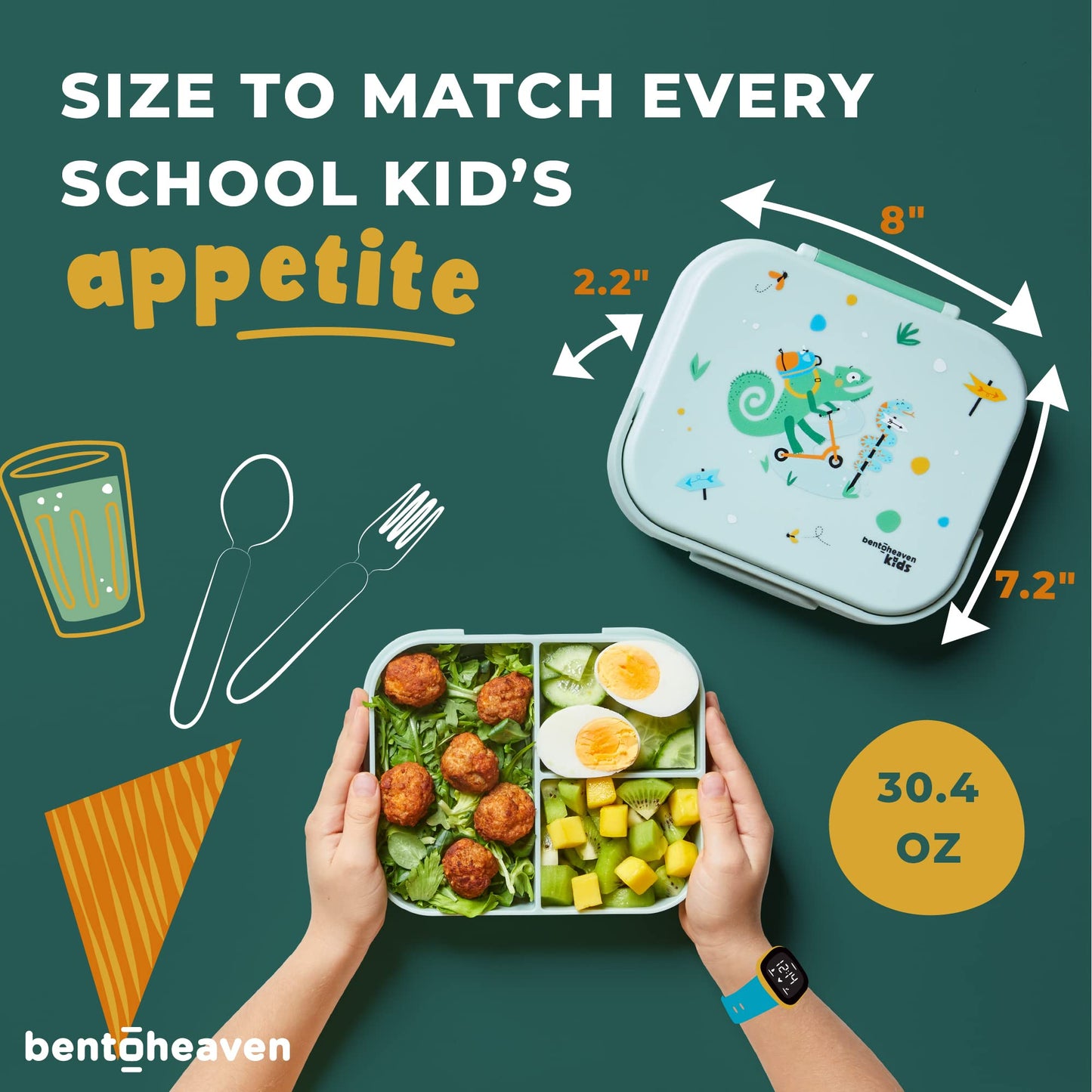 Bentoheaven Premium Bento Lunch Box for Kids, 9 Designs, Leak-proof 3-4 Compartments, Divider, Ideal size 30oz, Microwave/Dishwasher Safe Kids Bento Box (Loncheras Para Niños/Niñas)[Green]