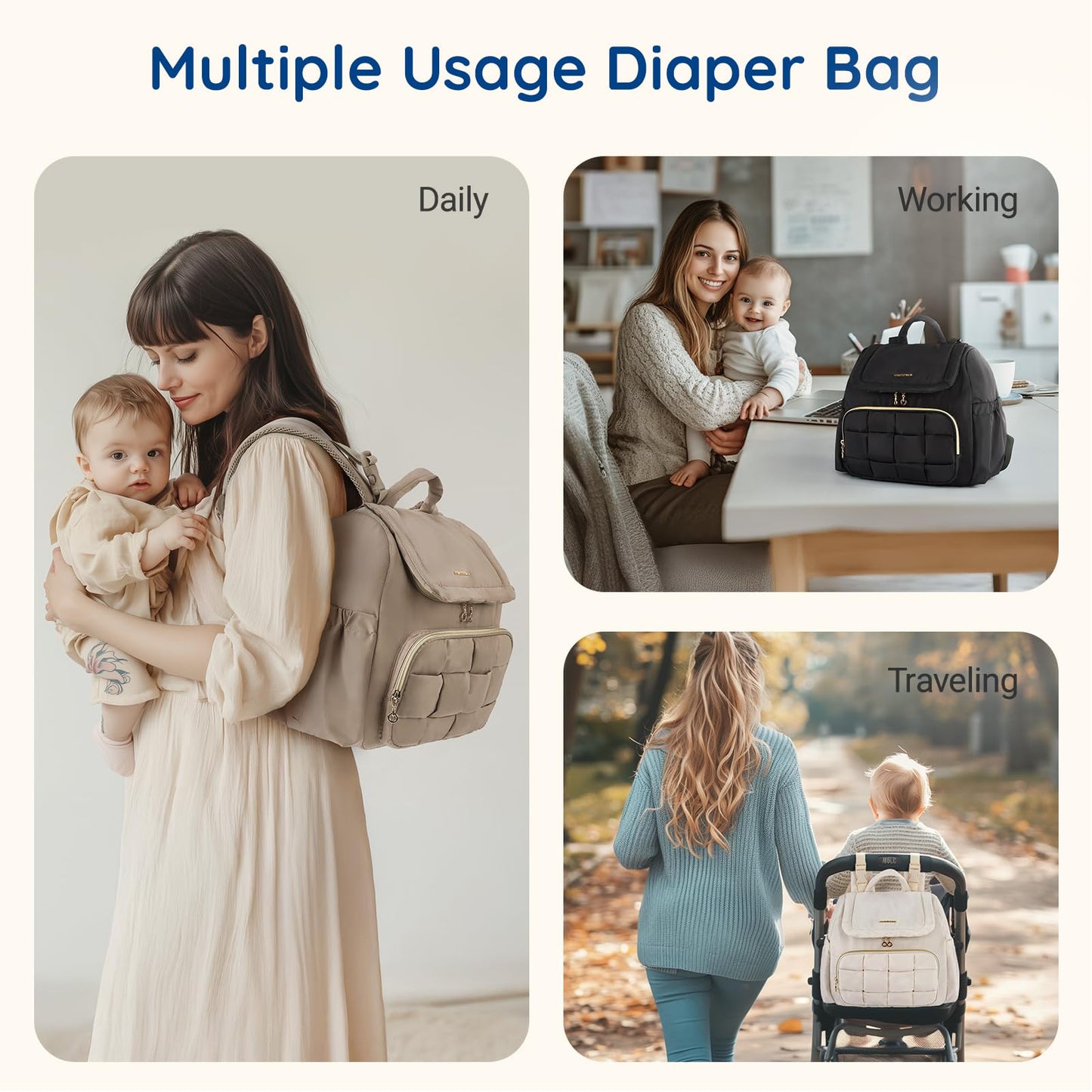 mommore Small Diaper Bag, Mini Baby Diaper Bag, Puffer Quilted Diaper Backpack with Changing Pad, Insulated Pockets, Stroller Strap, Woven Baby Bag for Travel Work