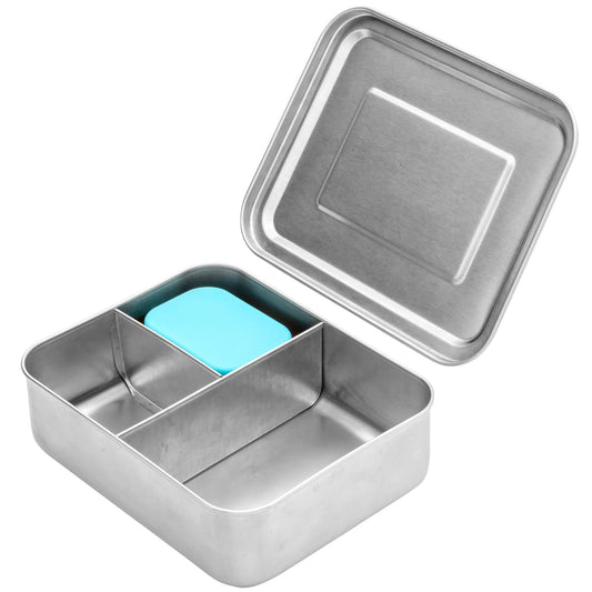 WeeSprout 18/8 Stainless Steel Bento Box (Compact Lunch Box) - 3 Compartment Metal Lunch Containers, for Kids & Adults, Bonus Dip Container, Fits in Lunch Bag & Backpack