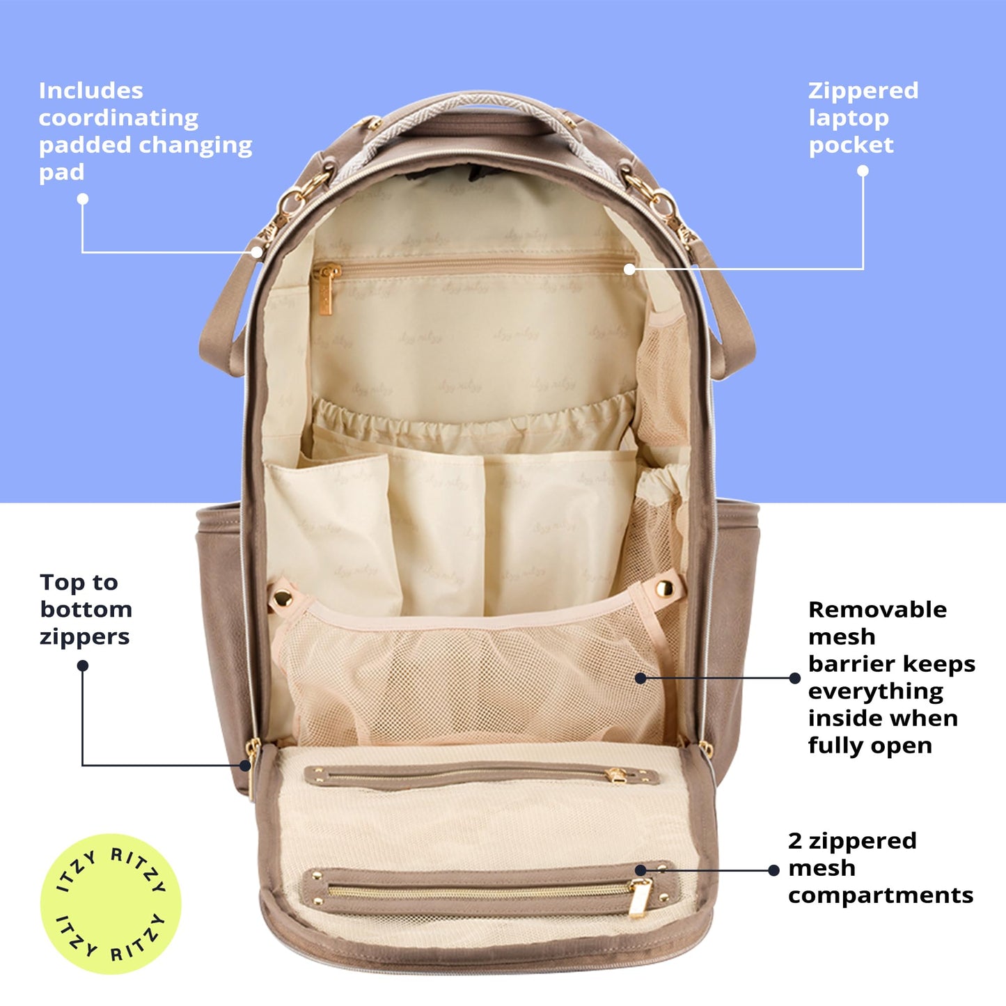 Itzy Ritzy Diaper Bag Backpack – Large Capacity Boss Plus Baby Backpack Diaper Bag Featuring 19 Pockets, Changing Pad, Stroller Clips, and Comfortable Straps (Vanilla Latte)