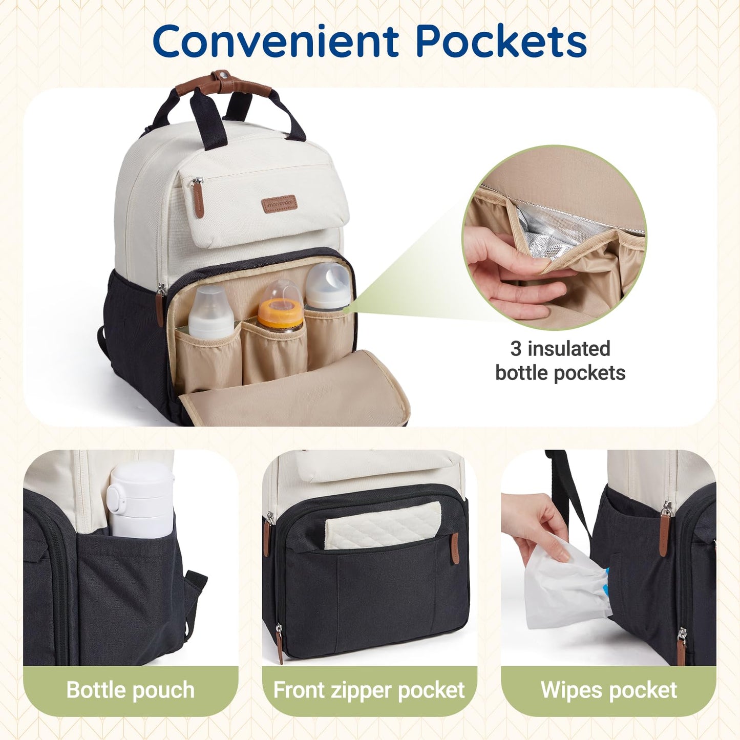 mommore Diaper Bag Backpack, Multi-function Travel Baby Diaper Bag for Mom, Large Capacity Baby Essentials with Insulated Pockets, Changing Pad, Stroller Straps
