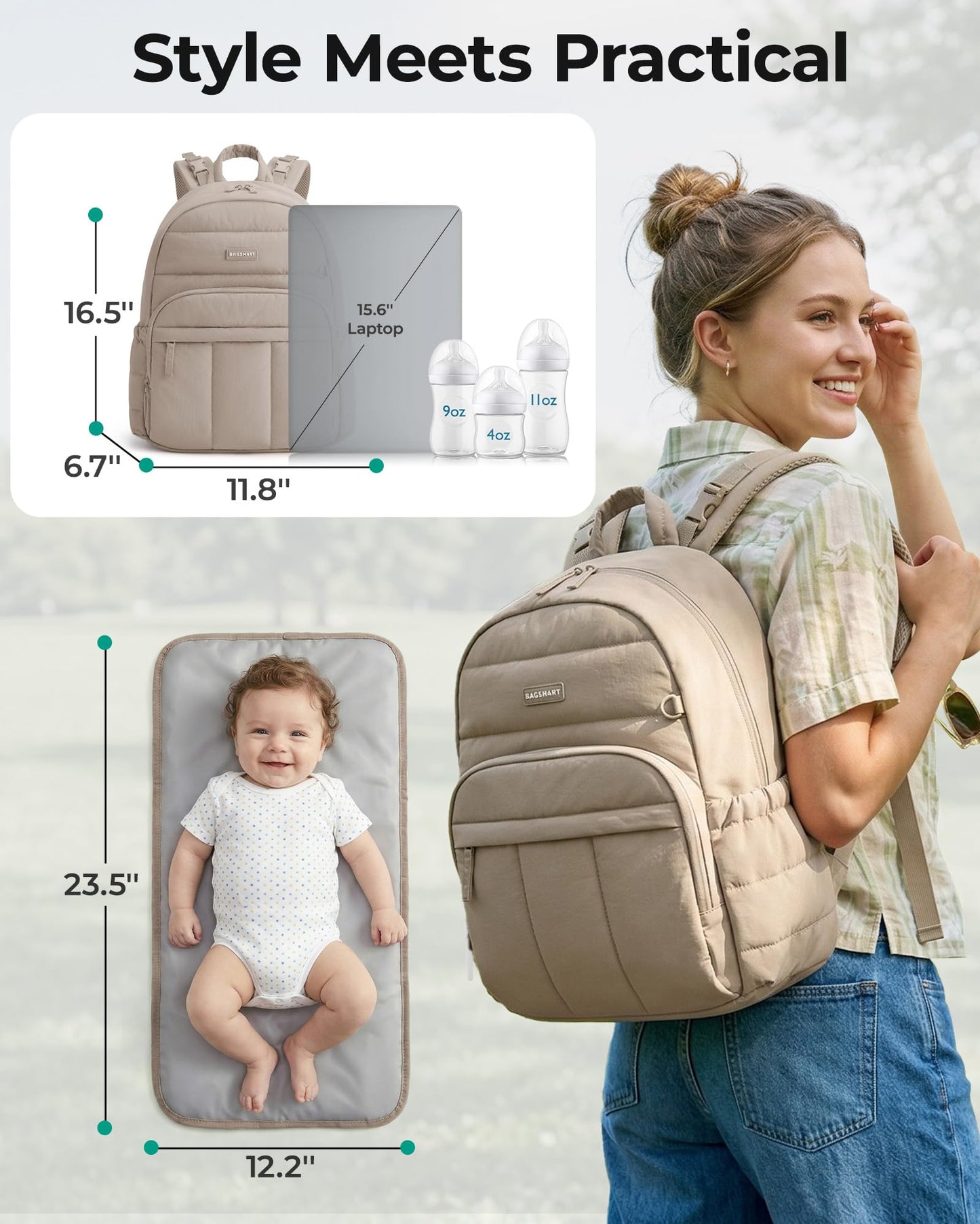 BAGSMART Diaper Bag Backpack, Multi-Pocket Puffy Diaper Bag with Waterproof Changing Pad, Lightweight Stroller-Friendly Diaper Bag with Insulated Pockets, Easy-Access Baby Essential, Camel