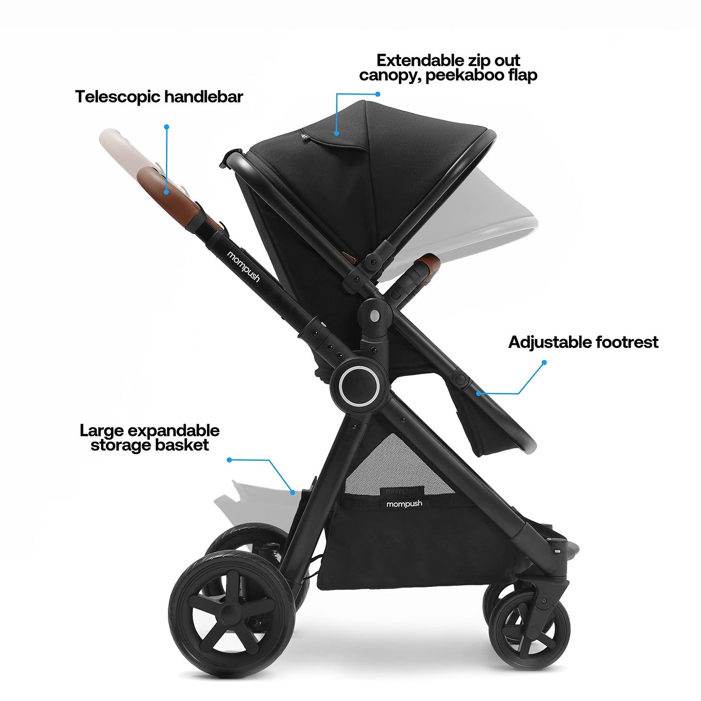 Mompush Ultimate2 Baby Stroller, Premium Convertible Full-Size Stroller for Toddler, Reversible Seat with One Hand Recline Adjustment, Car Seat Adapter Included