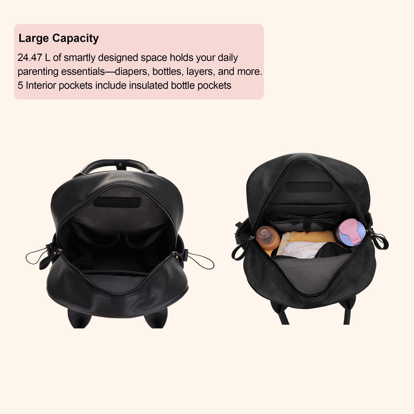 JESSIE & JAMES Saturday EDC Diaper Bag Backpack Multi Function Diaper Bag with Changing Pad & Stroller Straps_Black