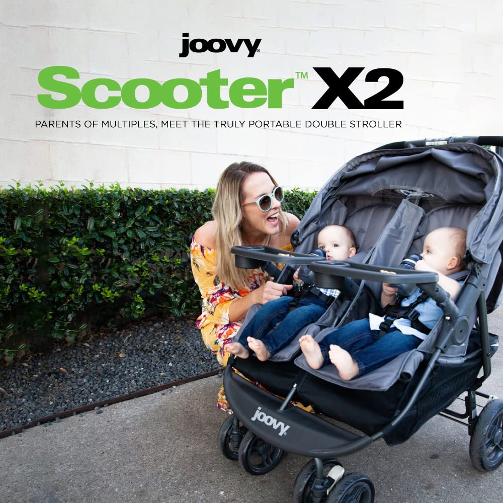 Joovy Scooter X2 Side-by-Side Double Stroller Featuring Dual Snack Trays, One-Handed Fold, Multi-Position Reclining Seats, Adjustable Leg Rests, and in-Seat Storage (Charcoal)