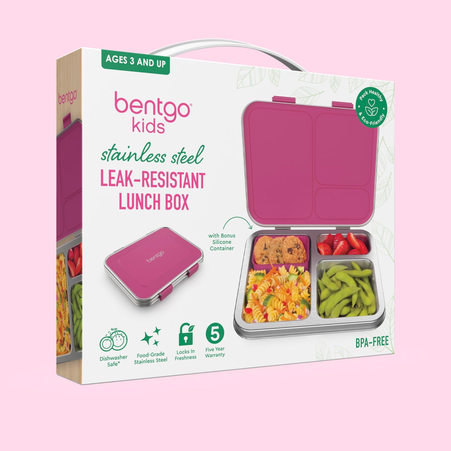 Bentgo Kids Stainless Steel Leak-Resistant Lunch Box - 3-Compartments with Bonus Silicone Container, Durable, Eco-Friendly, Dishwasher Safe, BPA-Free, Ideal for School, Ages 3+ (Fuchsia)