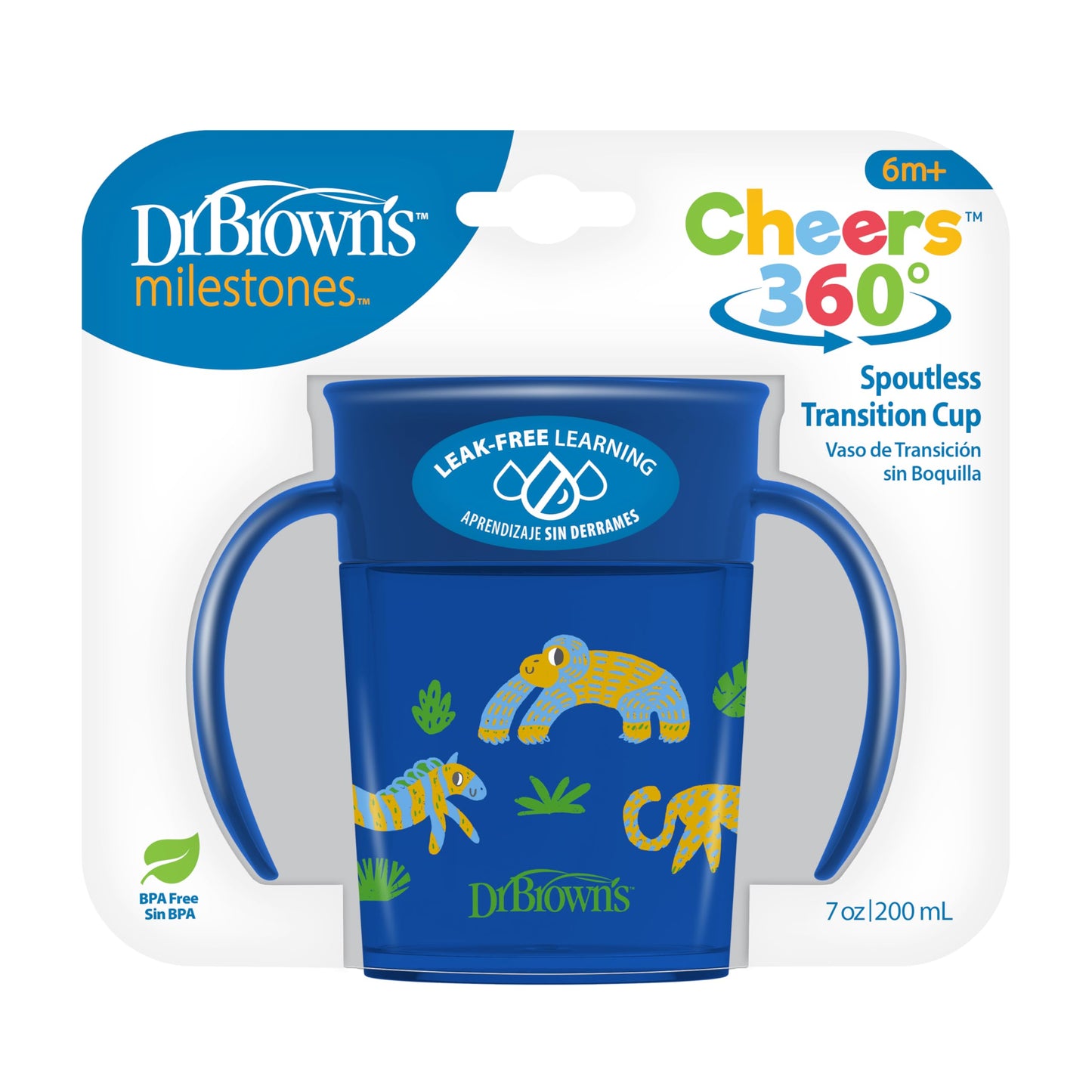 Dr. Brown's Milestones Cheers 360 Spoutless Transition Cup with Handles, Travel Friendly and Leak Free Sippy for Babies and Toddlers, Blue Animals, BPA-Free, 7 oz/200 mL, 6m+, 1-Pack