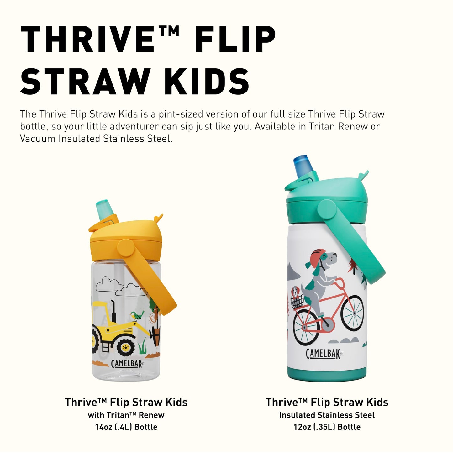 CamelBak Thrive Flip Straw Kids Bite Valve Tritan Renew Water Bottle True Blue, 14oz