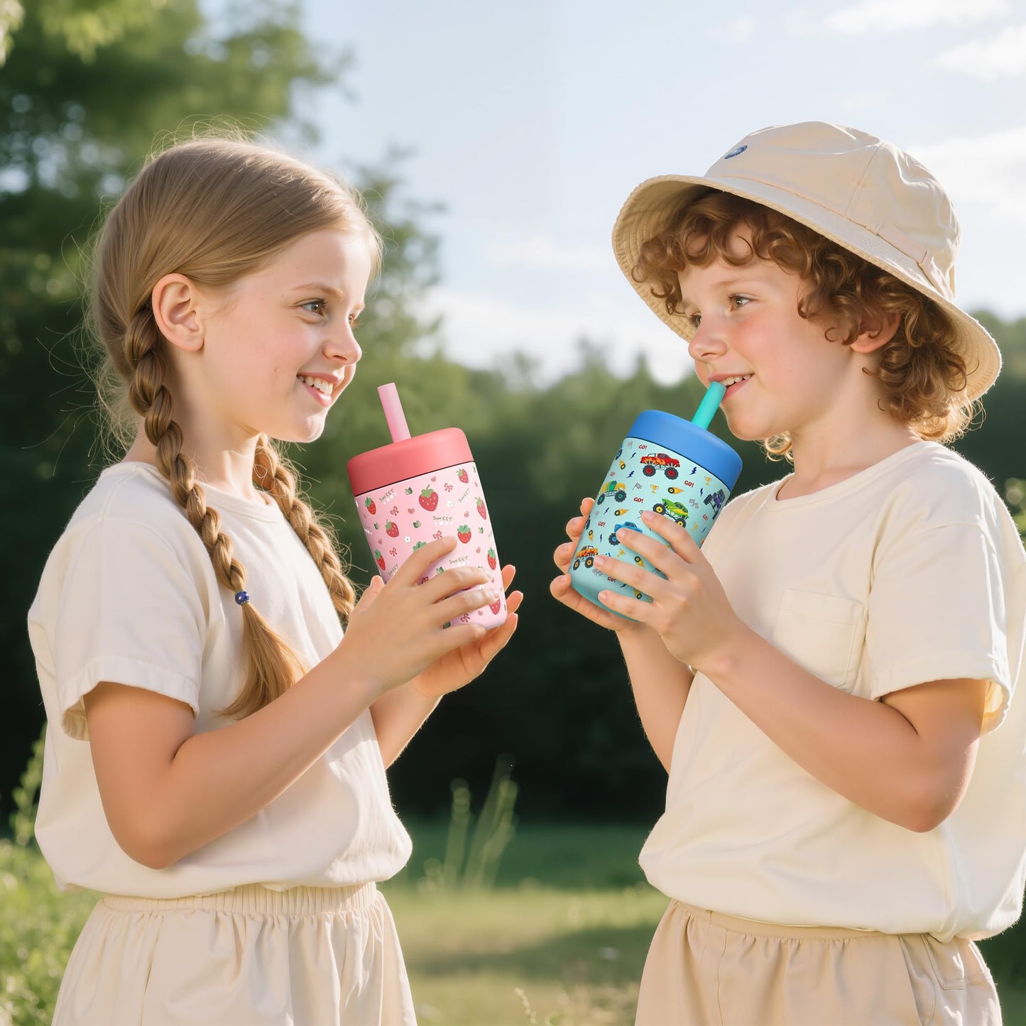 Fimibuke Kids & Toddler Cups Spill Proof, 12 OZ Insulated Sippy Cups for Toddlers Boys Girls, BPA-Free Toddler Straw Tumbler, Stainless Steel Kids Water Bottle with Twist Lids & Silicone Straw, 2 Pack