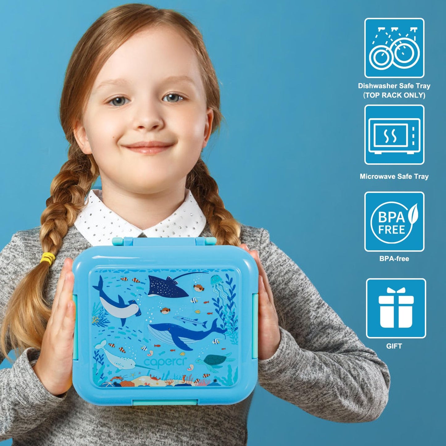 Caperci Bento Box for Kids - Leak-Proof Toddler Lunch Box Container with 2 Modular Containers & 4 Compartments, Hold 4.8 Cups, Portable Handle, BPA-Free, Microwave/Dishwasher Safe (Sea Life)