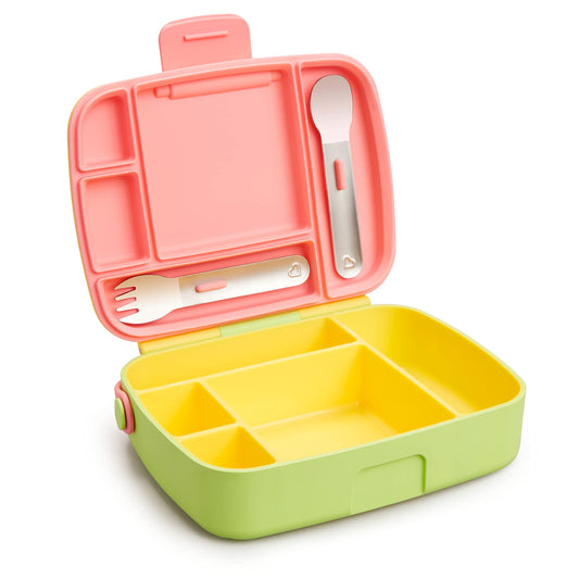 Munchkin Lunch Bento Box for Kids and Toddlers, Includes Stainless Steel Utensils, BPA-Free, 18 Months and Up, Pink/Green/Yellow