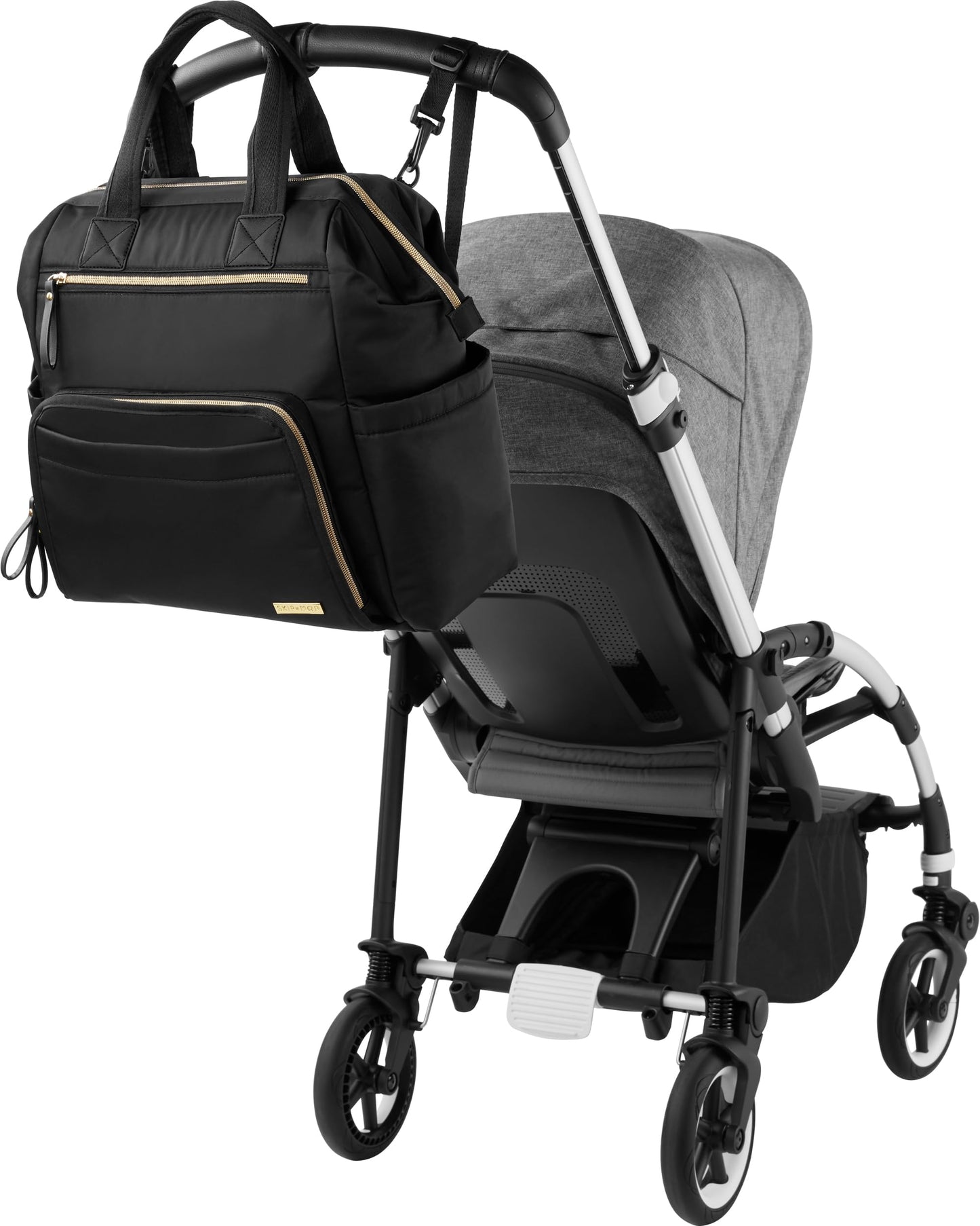 Skip Hop Diaper Bag Backpack: Mainframe Large Capacity Wide Open Structure with Changing Pad & Stroller Attachement, Black with Gold Trim