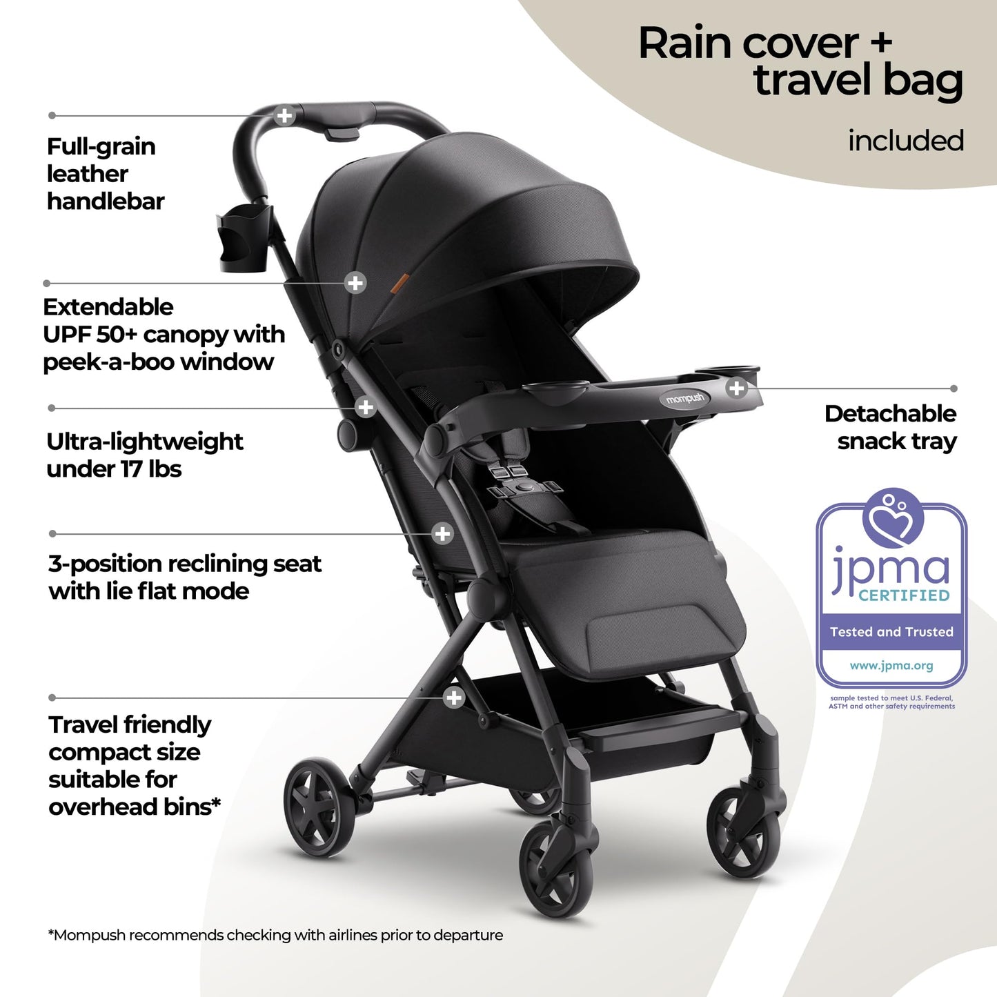 Mompush Lithe V2 Lightweight Travel Stroller, Compact Foldable Baby Stroller with Travel Bag, One-Hand Fold Stroller, Snack Tray, Mechanical Recline Seat, Airplane-Ready, UPF 50+ Canopy & Rain Cover