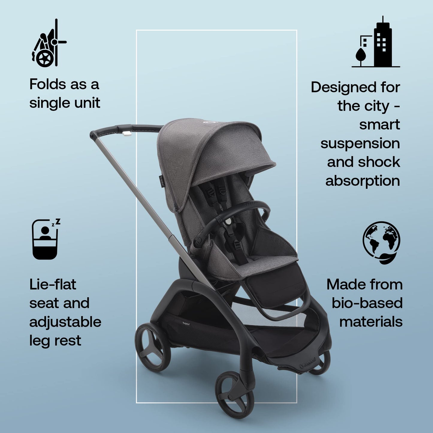 Bugaboo Dragonfly City Stroller, Lightweight Compact Baby Stroller with One Hand Easy Fold in Any Position, Full Suspension, XL Underseat Basket, Graphite Chassis and Grey Melange Sun Canopy
