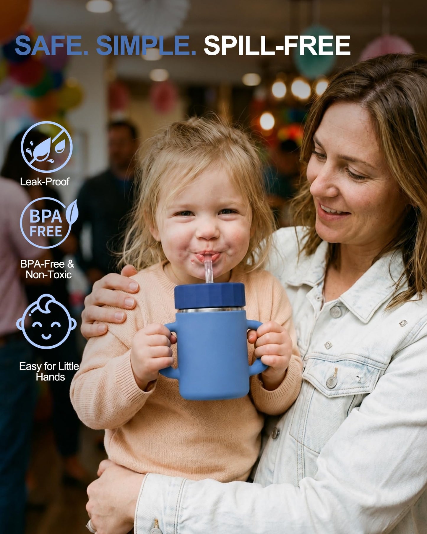 Mamalovey 12oz Insulated Kids Water Bottle, Stainless Steel Sippy Cup with Straw & Handles, Spill-Resistant Kid Cup, Silicone Sleeve for Anti-Drop Protection, Great for Travel - Navy Blue
