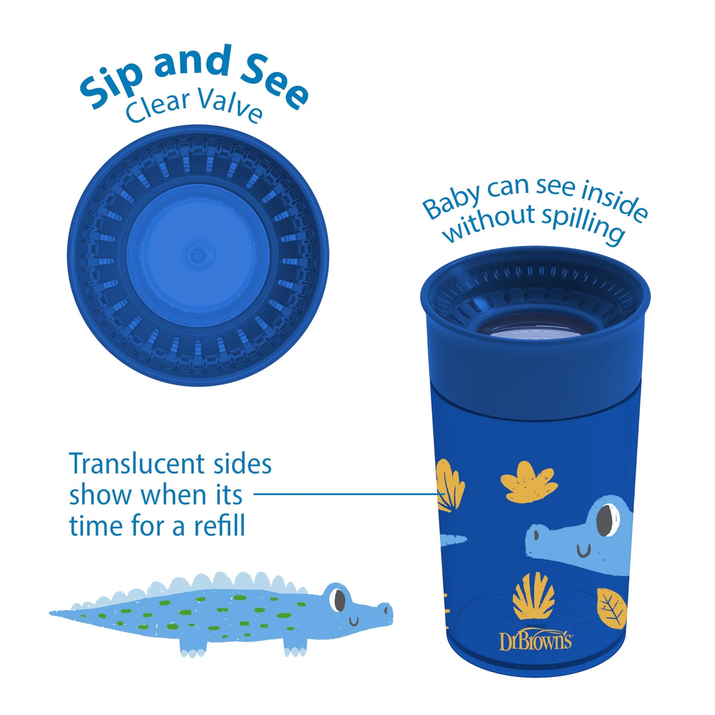 Dr. Brown's Milestones Cheers 360 Spoutless Transition Cup, Travel Friendly and Leak Free Sippy for Babies and Toddlers, Blue/Green Animals, BPA-Free, 10 oz/300 mL, 9m+, 2-Pack