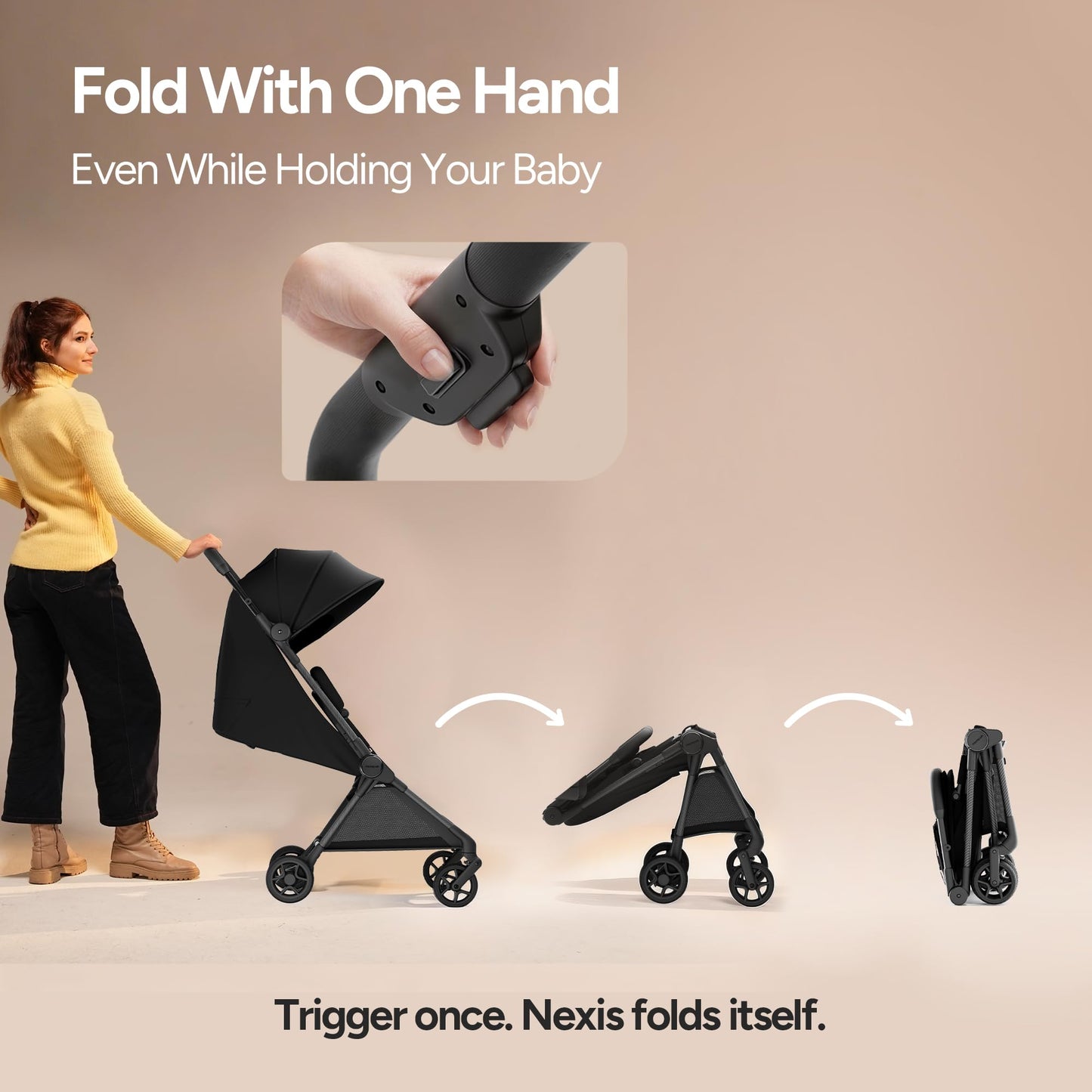 Mompush Nexis Carbon Travel Stroller, Ultra-Lightweight 11.5 lbs, Compact & Airplane Carry-On Approved, One-Second Auto-Fold, One-Hand Full Recline, from Birth to 50 lbs, JPMA Certified, Black