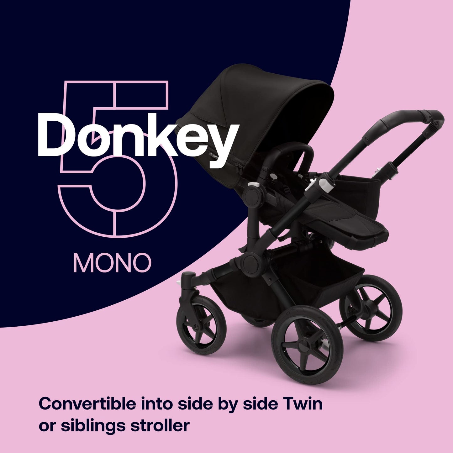 Bugaboo Donkey 5 Mono Complete - Single to Side-by-Side Double Stroller, Multiple Seat Positions - Black/Midnight Black