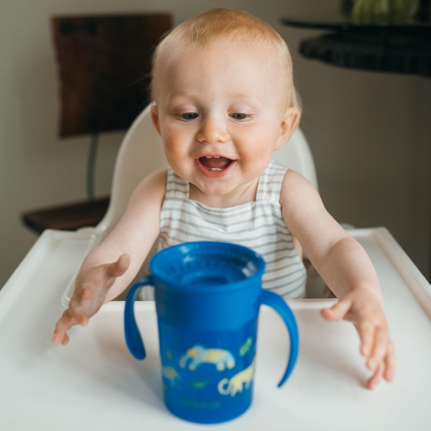 Dr. Brown's Milestones Cheers 360 Spoutless Transition Cup with Handles, Travel Friendly and Leak Free Sippy for Babies and Toddlers, Blue Animals, BPA-Free, 7 oz/200 mL, 6m+, 1-Pack