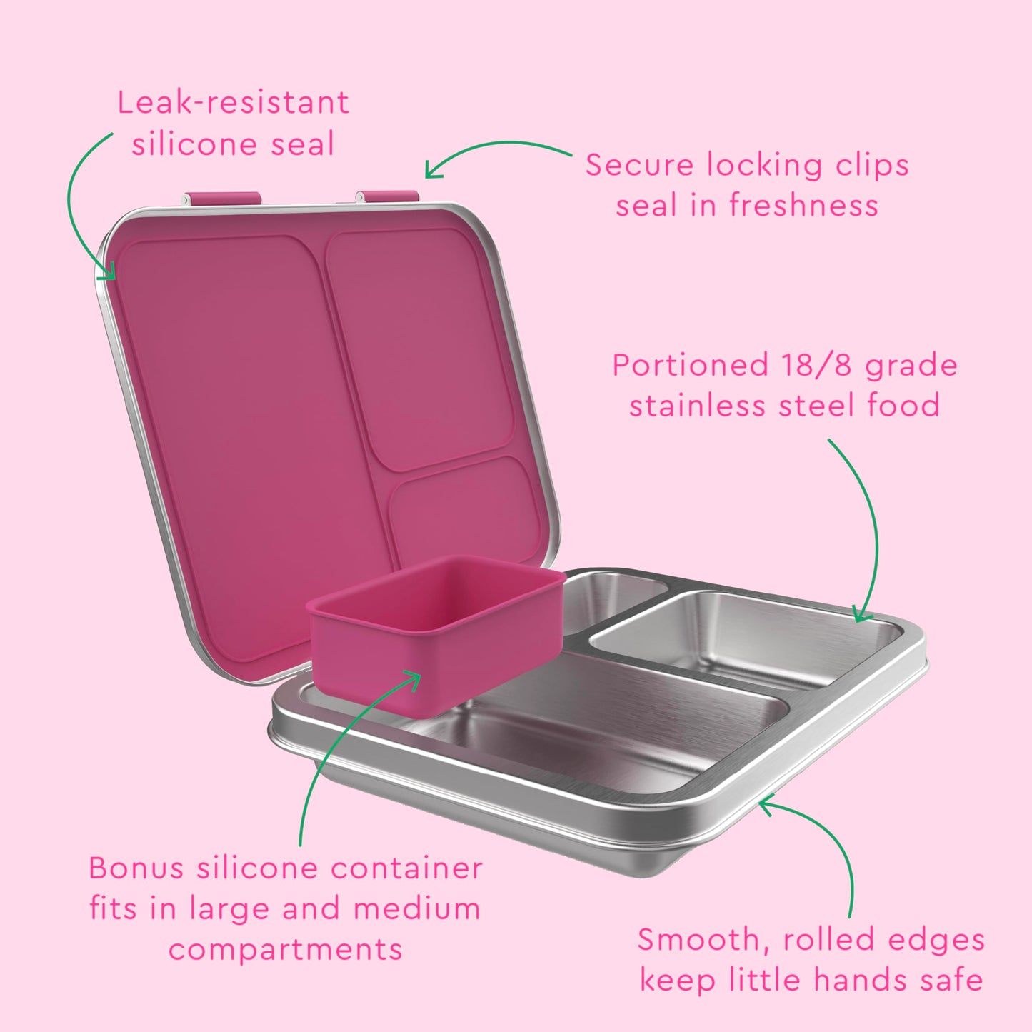 Bentgo Kids Stainless Steel Leak-Resistant Lunch Box - 3-Compartments with Bonus Silicone Container, Durable, Eco-Friendly, Dishwasher Safe, BPA-Free, Ideal for School, Ages 3+ (Fuchsia)