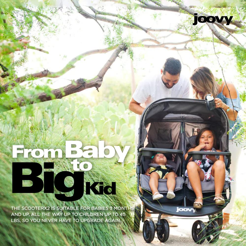 Joovy Scooter X2 Side-by-Side Double Stroller Featuring Dual Snack Trays, One-Handed Fold, Multi-Position Reclining Seats, Adjustable Leg Rests, and in-Seat Storage (Charcoal)