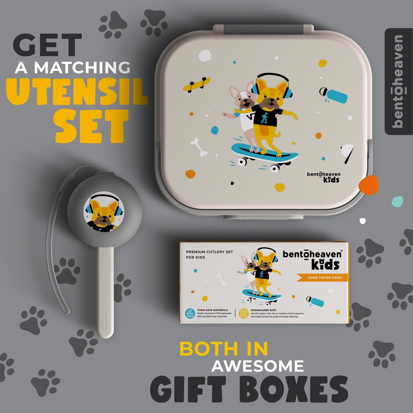 Bentoheaven Premium Bento Lunch Box for Kids, 9 Designs, Leak-proof 3-4 Compartments, Divider, Ideal size 30oz, Microwave/Dishwasher Safe Kids Bento Box (Loncheras Para Niños/Niñas)[Sand Gray]