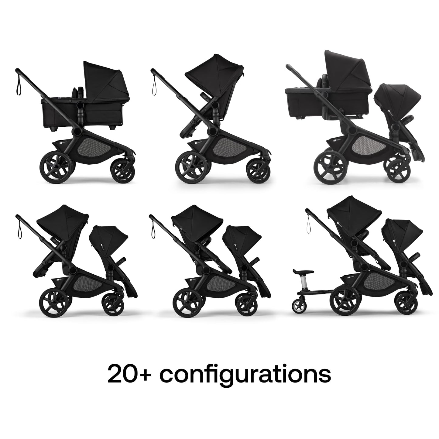 Bugaboo Kangaroo All-Terrain Single-to-Double Tandem Stroller for Infant and Toddler, for Up to Three Kids, XL Wheels, One-Hand Operation, Large Bassinet, XL Underseat Storage, Black/Midnight Black