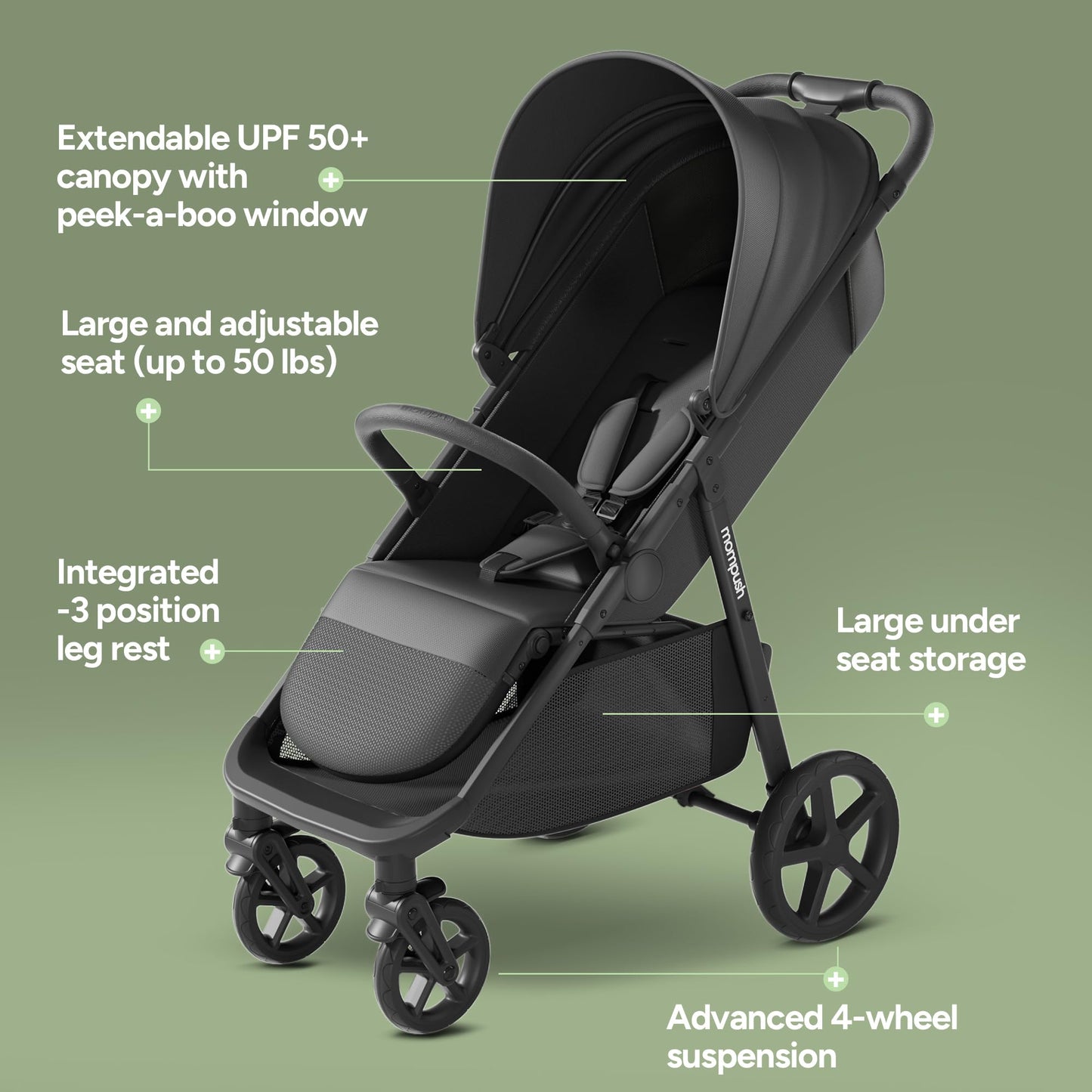 Mompush Nova Infant Baby Stroller for Newborn to Toddler, Oversized Seat up to 50 lbs, All-Terrain 10" Wheels & Suspension, One-Hand Fold; Lie-Flat Mode; UPF 50+ Canopy