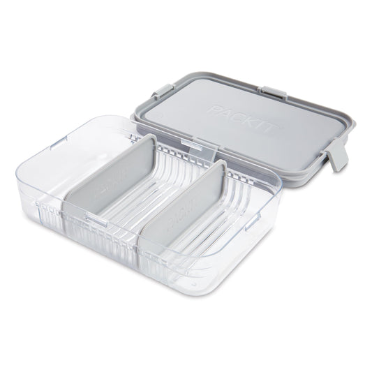 PackIt Mod Lunch Bento Food Storage Container, Steel Gray, Shatterproof Crystal Clear Base, with Leak-resistant Dividers and Lid, Microwavable, Dishwasher Safe, Perfect for Meal Prep
