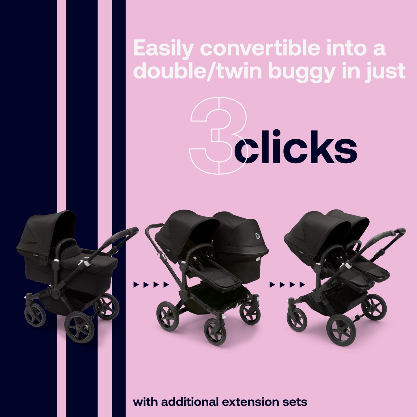 Bugaboo Donkey 5 Mono Complete - Single to Side-by-Side Double Stroller, Multiple Seat Positions - Black/Midnight Black