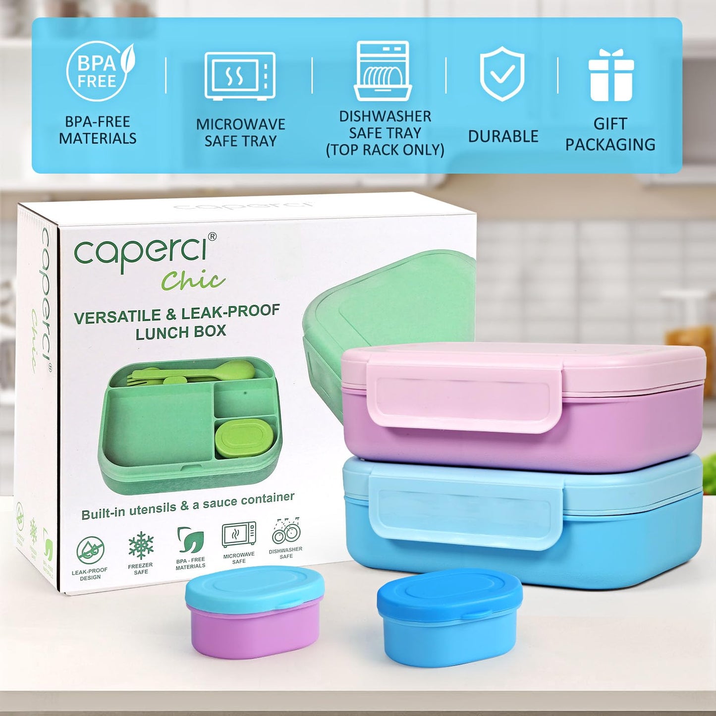 Caperci Bento Box for Kids - Stackable Leakproof Multiple Compartments 5.8 Cups Bento Lunch Box for Adults with Sauce Container - Idea for School, On-the-go, Built-in Utensil Set, BPA Free (Blue)