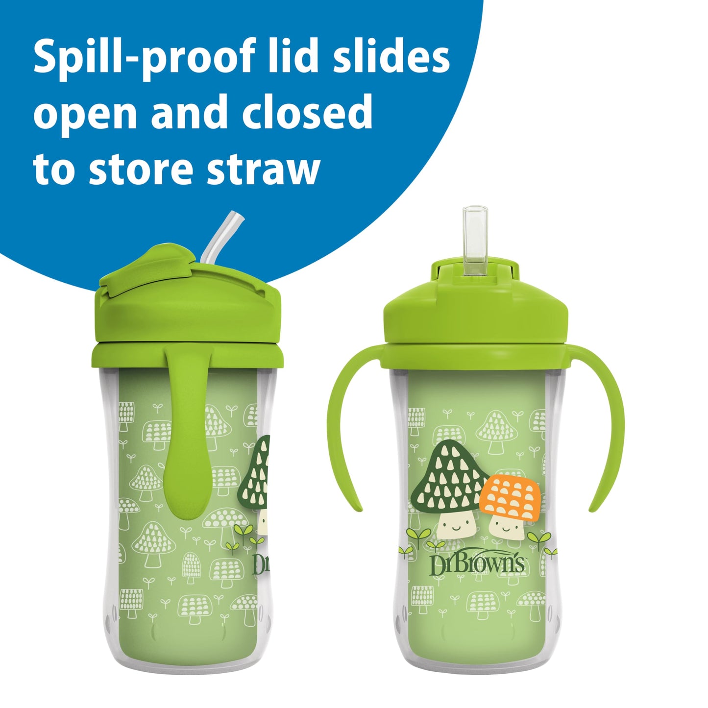 Dr. Brown's Milestones Insulated Sippy Cup with Straw and Handles, Spill-Proof Tumbler with Lid, 2-Pack, Blue & Green, 10 oz/300 mL, BPA Free, 12m+