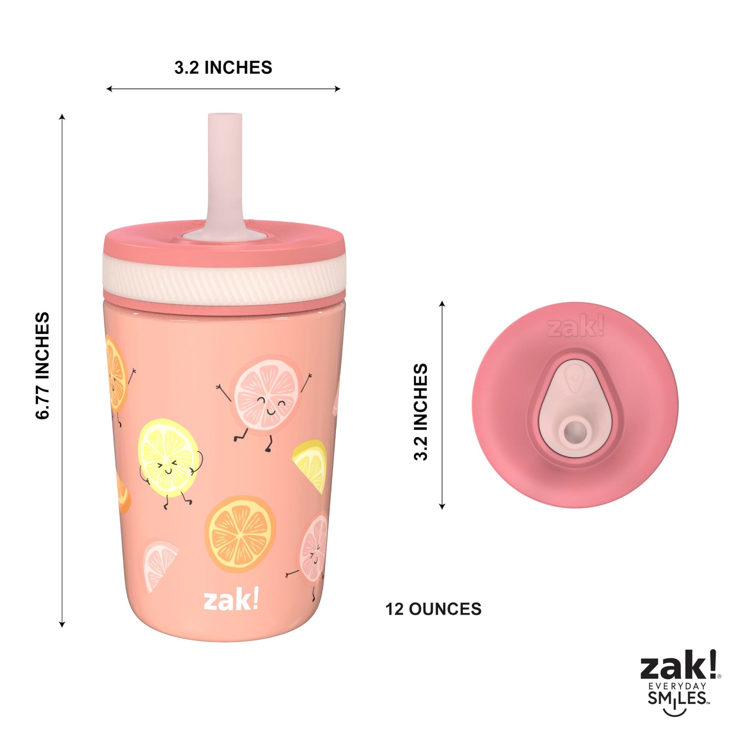 Zak Designs Kelso Tumbler Toddler Cup For Travel or At Home, 12oz Vacuum Insulated Stainless Steel Sippy Cup With Leak-Proof Design is Perfect For Kids (Happy Fruit)